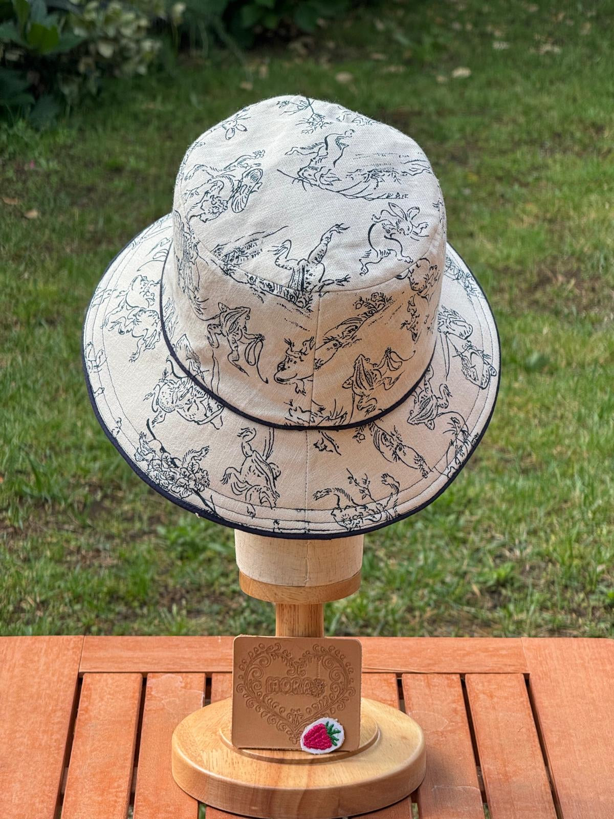 Cappello Bucket Artigianale Beige e blu Fatto a Mano, Cotone tradizionale Giapponese.