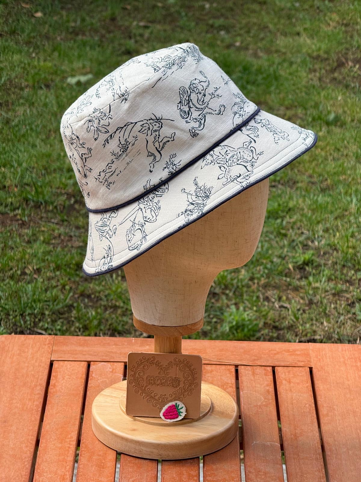 Cappello Bucket Artigianale Beige e blu Fatto a Mano, Cotone tradizionale Giapponese.