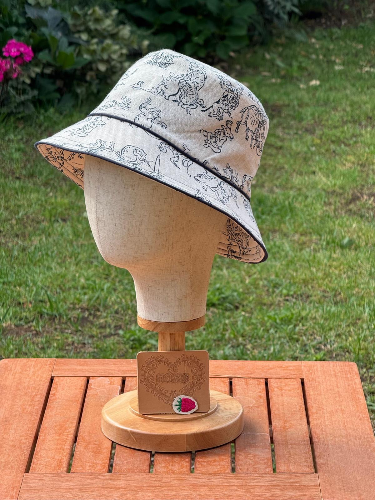 Cappello Bucket Artigianale Beige e blu Fatto a Mano, Cotone tradizionale Giapponese.
