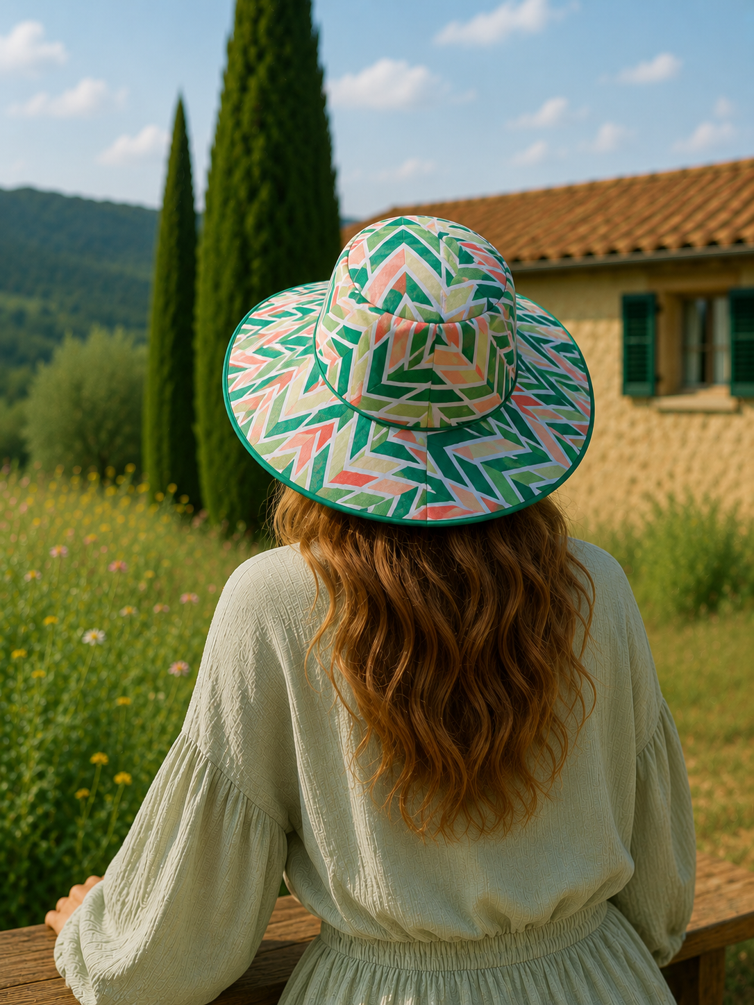 Cappello Bucket Artigianale in Cotone Panama – Fantasia Geometrica Verde e Corallo