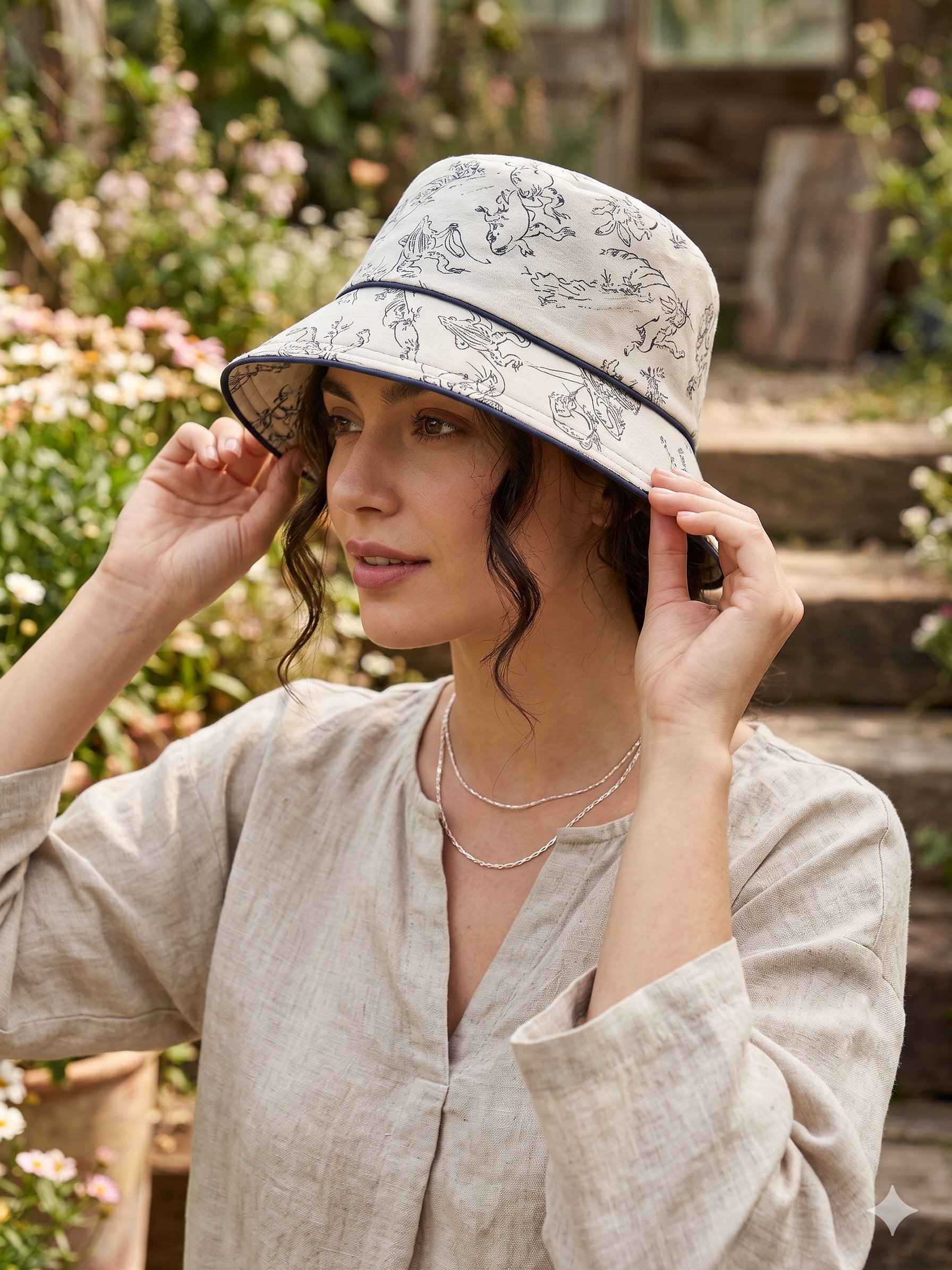 Cappello Bucket Artigianale Beige e blu Fatto a Mano, Cotone tradizionale Giapponese.